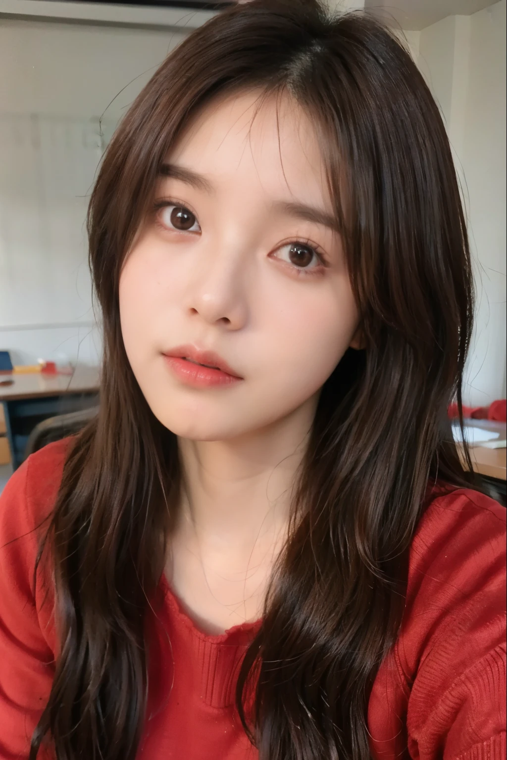 random pose、top quality、Super high resolution、(realistic:1.5)、1 girl、red sweater、(brown hair:1.2)、(busty:1.2)、‎Classroom、looking at viewer、closeup、Full Body Sbian、unpleasant eyes