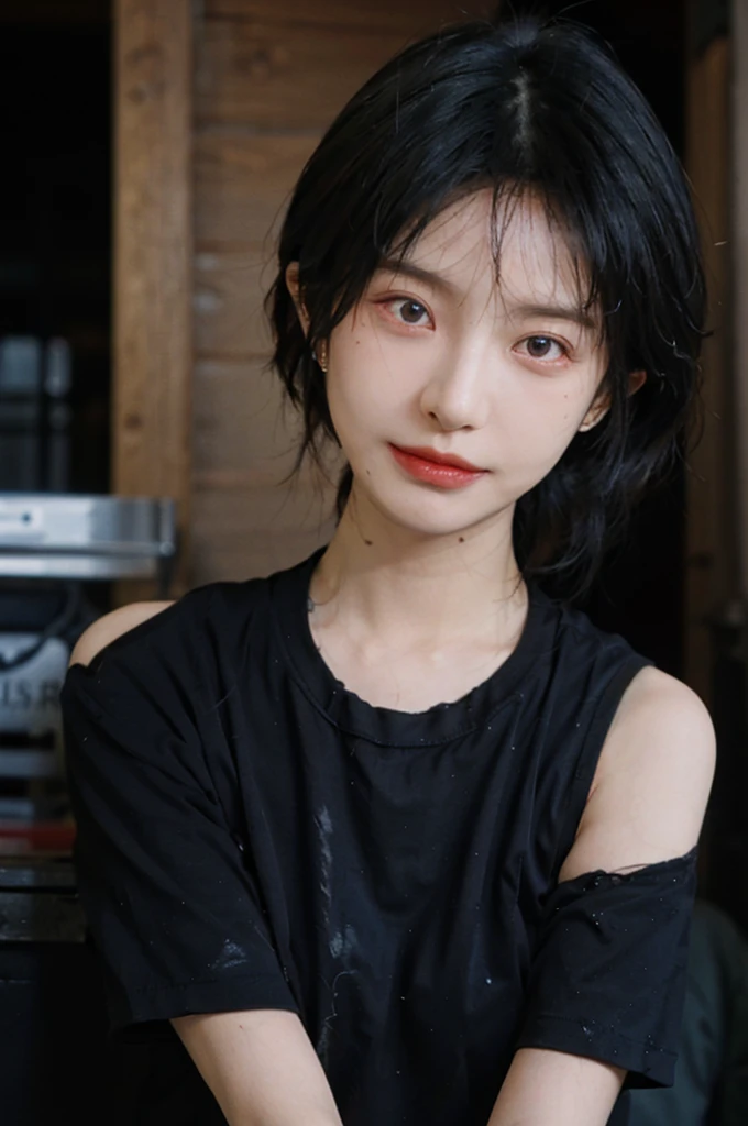 (Skin details:1.4), (smooth skin textures:1.3), (Upper Body:1.4),(Upper Body:1.3),(Black clothes:1.4),Lipstick, background, earrings, serene, calm, (Realistic and detailed eyes:1.2), Natural skin texture, Realistic facial details, Soft dramatic lighting, Vivid details, 35 mm film, outdoor, (Photo Practical:1.4), (hyper Practical:1.4), (Practical:1.3), (Smoother lighting:1.05), (Improve lighting quality:0.9), (Highest quality real skin textures:1.4), Exquisite eyes, Delicate face, Close-up of face, (Enhance the beauty of skin texture:1.1),0Normal body proportions, short hair, Moles under the eyes, A faint smile,Portrait Photography, Depth of Field, Bokeh, Surrealism, Ray Tracing, (Portrait Photography:1.1), Surrealism, High Detail, Chiaroscuro, Ray Tracing, reflected light, Ultra HD, Ultra HD, masterpiece, Textured Skin, Super Detail, High Detail, high quality, best quality