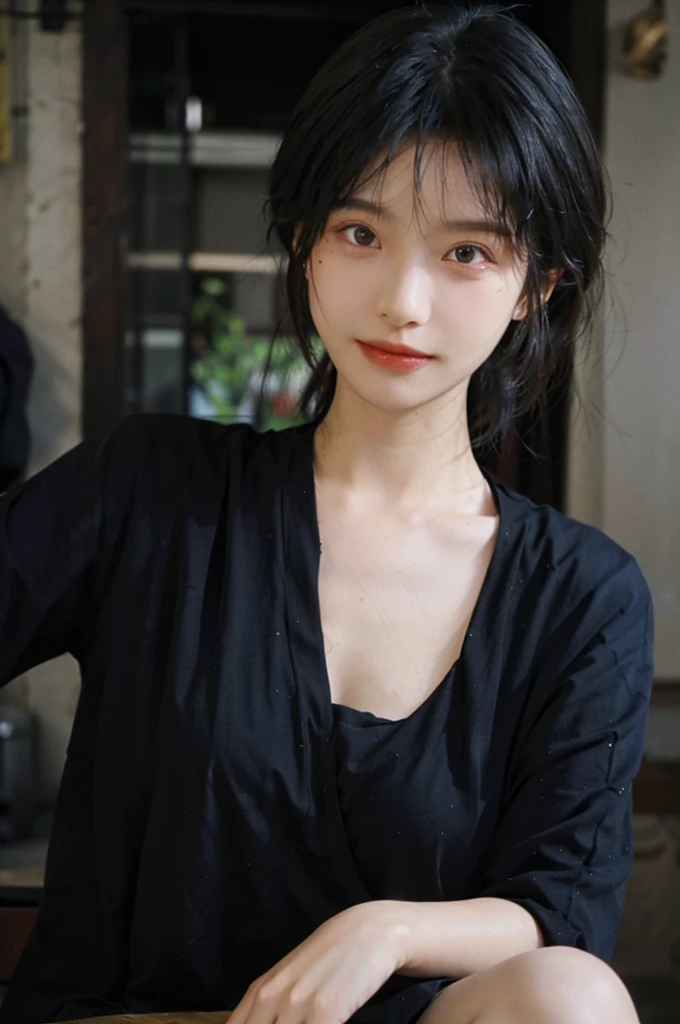 (Skin details:1.4), (smooth skin textures:1.3), （Upper Body：1.4），（Upper Body：1.3)，(Black clothes:1.4)，Lipstick, background, earrings, serene, calm, (Realistic and detailed eyes：1.2）, Natural skin texture, Realistic facial details, Soft dramatic lighting, Vivid details, 35 mm film, outdoor, (Photo Practical:1.4), (hyper Practical:1.4), (Practical:1.3), (Smoother lighting:1.05), (Improve lighting quality:0.9), (Highest quality real skin textures:1.4), Exquisite eyes, Delicate face, Close-up of face, (Enhance the beauty of skin texture:1.1),0Normal body proportions, short hair, Moles under the eyes, A faint smile,Portrait Photography, Depth of Field, Bokeh, Surrealism, Ray Tracing, (Portrait Photography:1.1), Surrealism, High Detail, Chiaroscuro, Ray Tracing, reflected light, Ultra HD, Ultra HD, masterpiece, Textured Skin, Super Detail, High Detail, high quality, best quality