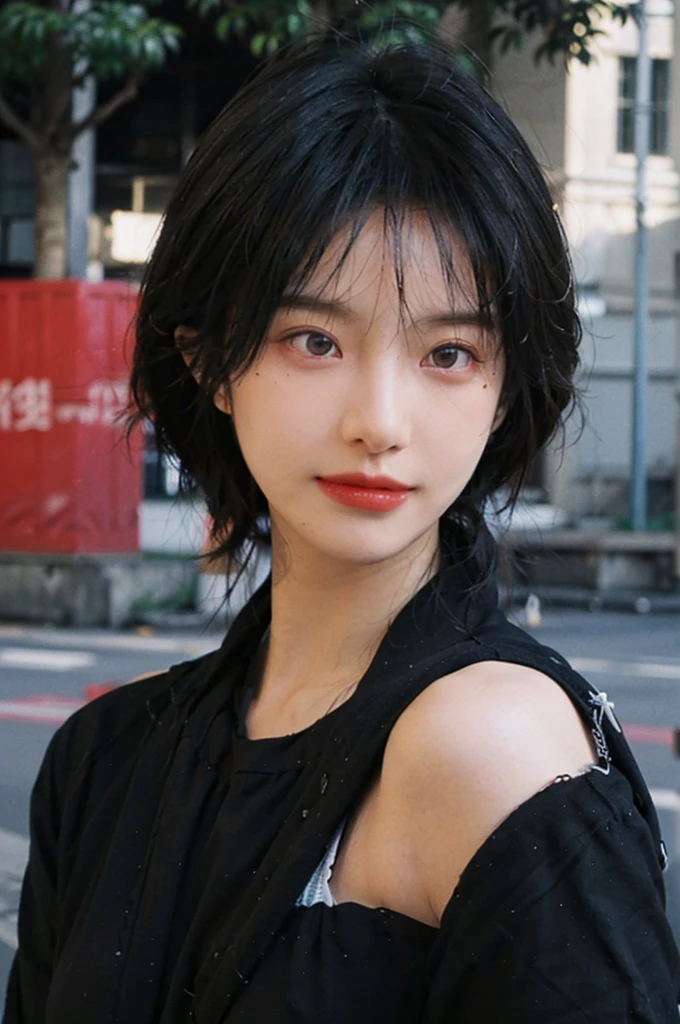 (Skin details:1.4), (smooth skin textures:1.3), （Upper Body：1.4），（Upper Body：1.3)，(Black clothes:1.4)，Lipstick, background, earrings, serene, calm, (Realistic and detailed eyes：1.2）, Natural skin texture, Realistic facial details, Soft dramatic lighting, Vivid details, 35 mm film, outdoor, (Photo Practical:1.4), (hyper Practical:1.4), (Practical:1.3), (Smoother lighting:1.05), (Improve lighting quality:0.9), (Highest quality real skin textures:1.4), Exquisite eyes, Delicate face, Close-up of face, (Enhance the beauty of skin texture:1.1),0Normal body proportions, short hair, Moles under the eyes, A faint smile,Portrait Photography, Depth of Field, Bokeh, Surrealism, Ray Tracing, (Portrait Photography:1.1), Surrealism, High Detail, Chiaroscuro, Ray Tracing, reflected light, Ultra HD, Ultra HD, masterpiece, Textured Skin, Super Detail, High Detail, high quality, best quality