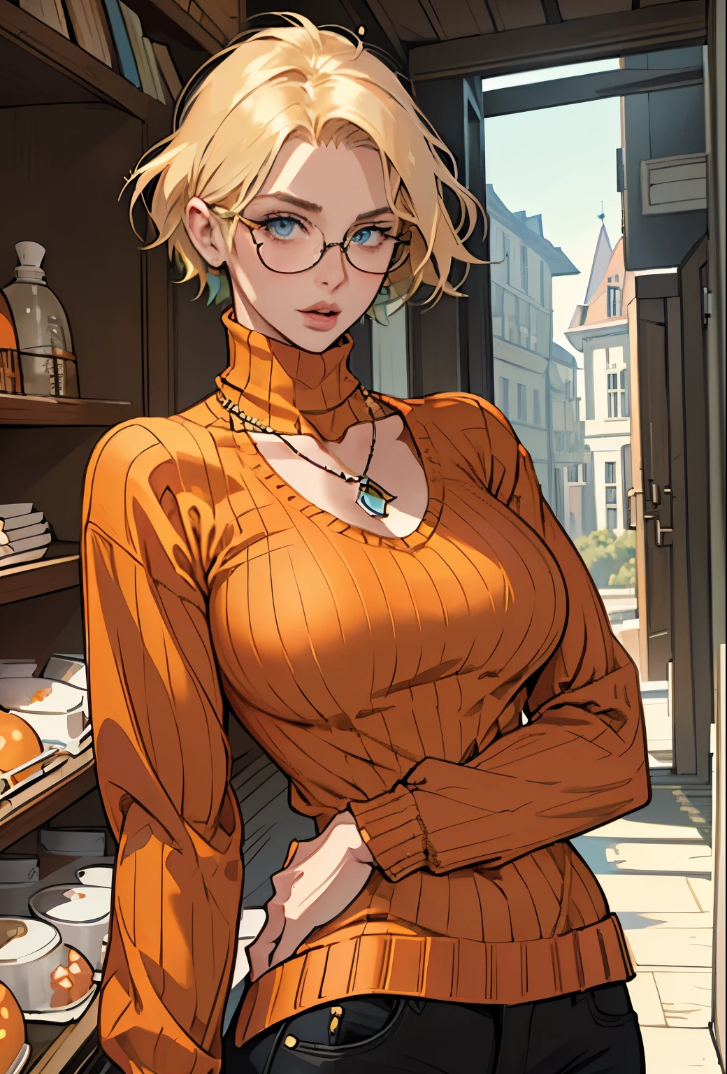 (masterpiece, Highest quality) One girl, Ashley Graham RE, alone, chest, View your viewers, short hair, blue eyes, shirt, Bare shoulders, jewelry, medium chest, Green Eyes, Upper Body, Blonde, parted lips, No sleeve, necklace, sweater, lips, turtleneck, Bobcut, ribbed sweater, Realistic, nose, No sleeve turtleneck, orange shirt, orange sweater,Glasses,