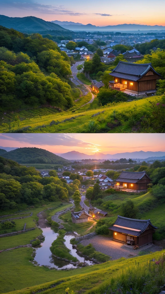 Landscape painting、Japanese village scenery、Photo Style、evening、evening、sunset、
