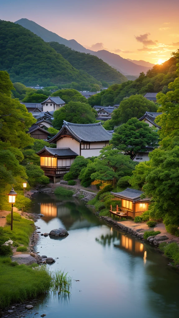Landscape painting、Japanese village scenery、Photo Style、evening、evening、sunset、