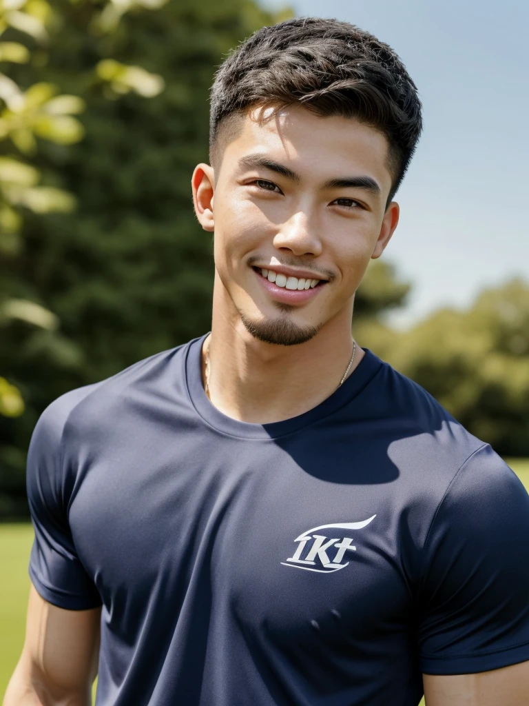 Tony Labrusca, (As a matter of fact, Masterpiece, 8k HD, good light quality, sportswear, fit the face, complicated details), A handsome, muscular young Korean man. , 20 years old, be happy, smile brightly, detailed face, delicate eyes, มองดูsky, Wear a navy tight T-shirt.:1.6, period, black eyes, Black hair color, ผมsmooth, smooth, outdoor sports, Along the garden, Sunny,sky,Surreal,Awesome details,Highest quality,real,Open your mouth to talk. , Close your eyes.