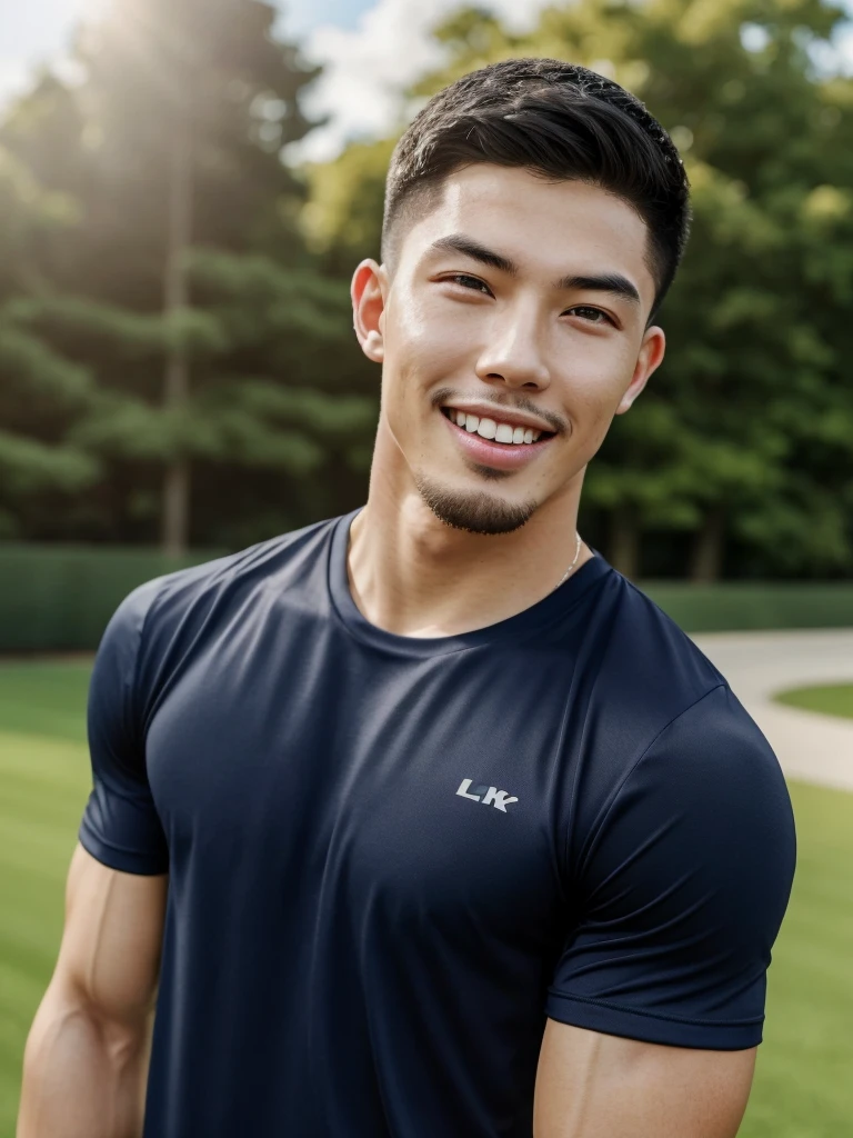 Tony Labrusca, (As a matter of fact, Masterpiece, 8k HD, good light quality, sportswear, fit the face, complicated details), A handsome, muscular young Korean man. , 20 years old, be happy, smile brightly, detailed face, delicate eyes, มองดูsky, Wear a navy tight T-shirt.:1.6, period, black eyes, Black hair color, ผมsmooth, smooth, outdoor sports, Along the garden, Sunny,sky，Surreal，Awesome details，Highest quality，real，Open your mouth to talk. , Close your eyes.