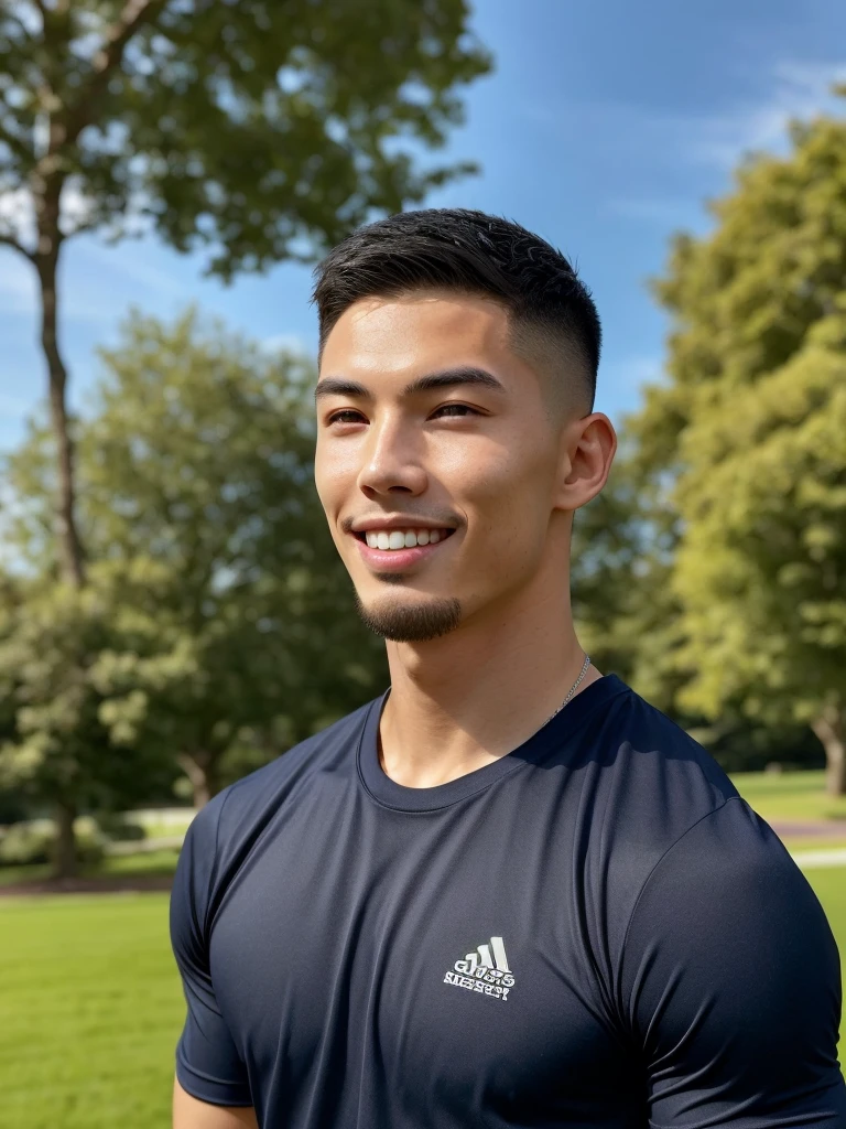 Tony Labrusca, (As a matter of fact, Masterpiece, 8k HD, good light quality, sportswear, fit the face, complicated details), A handsome, muscular young Korean man. , 20 years old, be happy, smile brightly, detailed face, delicate eyes, มองดูsky, Wear a navy tight T-shirt.:1.6, period, black eyes, Black hair color, ผมsmooth, smooth, outdoor sports, Along the garden, Sunny,sky,Surreal,Awesome details,Highest quality,real,Open your mouth to talk. , Close your eyes.