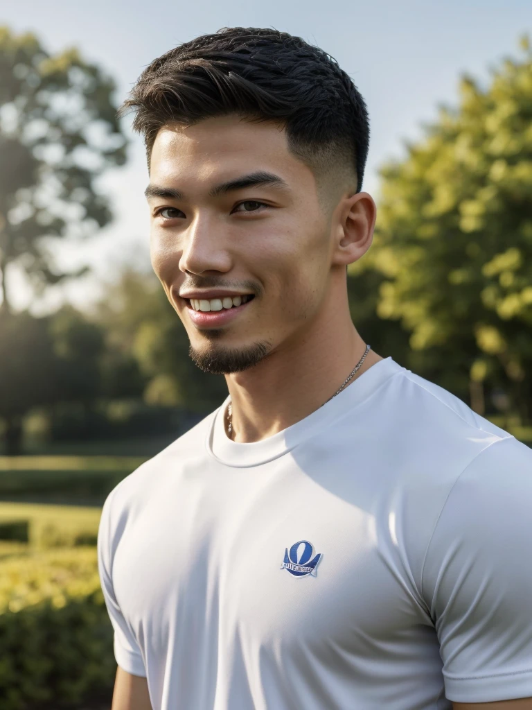Tony Labrusca, (As a matter of fact, Masterpiece, 8k HD, good light quality, sportswear, fit the face, complicated details), A handsome, muscular young Korean man. , 20 years old, be happy, smile brightly, detailed face, delicate eyes, มองดูsky, Wear a navy tight T-shirt.:1.6, period, black eyes, Black hair color, ผมsmooth, smooth, outdoor sports, Along the garden, Sunny,sky,Surreal,Awesome details,Highest quality,real,Open your mouth to talk. , Close your eyes.