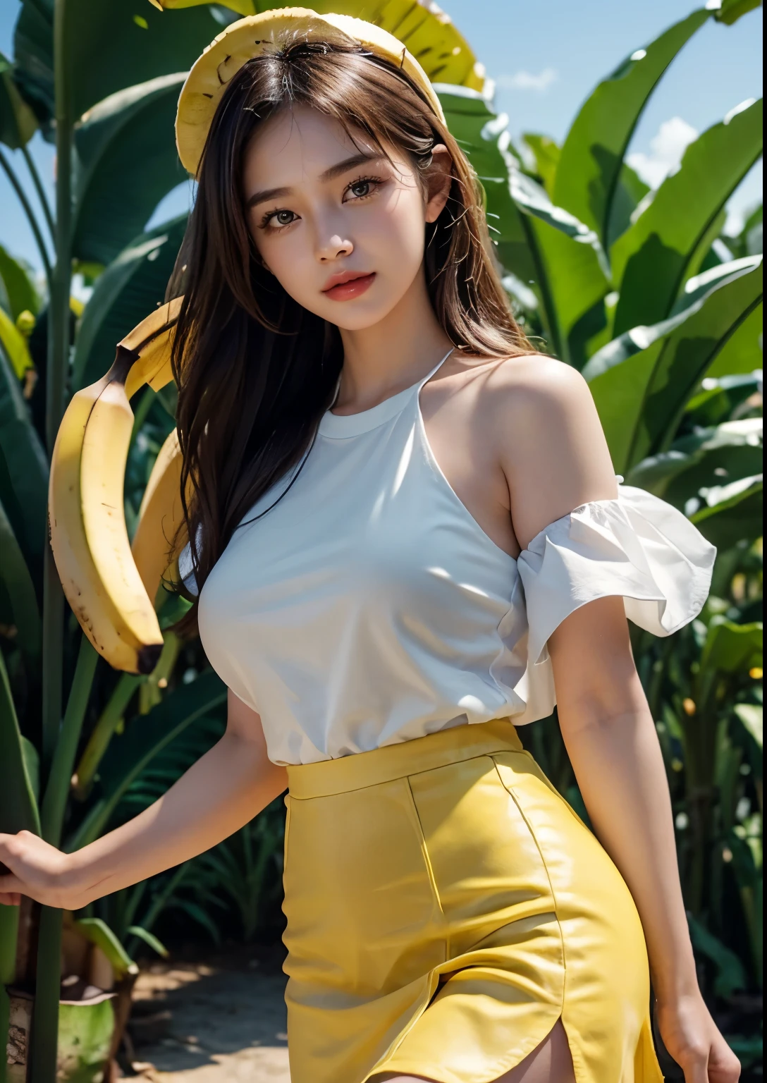 a beautiful Korean young girl, (((18 years young girl))), detailed face with beautiful eyes and lips, long black silky hair, stylish hair, hair pin, romantic Eyes, beautiful eyes, smiley face, very precious smile, happy face, glow face, perfect young round breasts, Bright and soft thighs, beautiful realistic knees, glow skin, bright skin, realistic skin, realistic smile, cutest smile, realistic body, Perfect Figure, realistic legs, realistic leg fingers, realistic arms, realistic hands, realistic hand fingers, ((Standing in beside banana tree orchard with banana bunch)), realistic banana orchard, realistic banana bunch, realistic banana, (detailed banana trees), ((detailed banana bunch)), ((many banana bunch in banana orchard)), ((yellow delicious bananas)), banana orchards in background, big orchards, clean orchard, ((girl hugs with banana bunch with both hands angle)) ((Pink colour Spaghetti Strap Scoop-Neck Lace Trim Bow Detail Mini A-Line Dress)), ((above knee length dress)), ((detailed Scoop-Neck Lace Trim Bow Detail Mini A-Line Dress)), standing, High resolution dress quality, stylish dress, detailed dress, ultra detailed dress, luxury dress, , stylish look, stylish angle, dynamic angle, dynamic pose, day light, photorealistic, realistic, masterpiece, ultra-detailed,8k, (best quality,8k,highres,masterpiece:1.2),ultra-detailed,(realistic,photorealistic,photo-realistic:1.37), highly detailed, cinematic lighting, vibrant colors, warm tones, masterpiece, highres, warm lighting, vibrant colors, soft focus, elegant, cinematic, highly detailed, professional digital art, UHD, Ultra HD, ultra realistic, hyper realistic, ultra sharp, vivid, realistic atmosphere, Beautiful rally atmosphere in background, beautiful background, detailed orchards background, hyper-detailed background, orchards, cinematic photography, award winning Photography, Very High Resolution picture quality, full-body shot, 