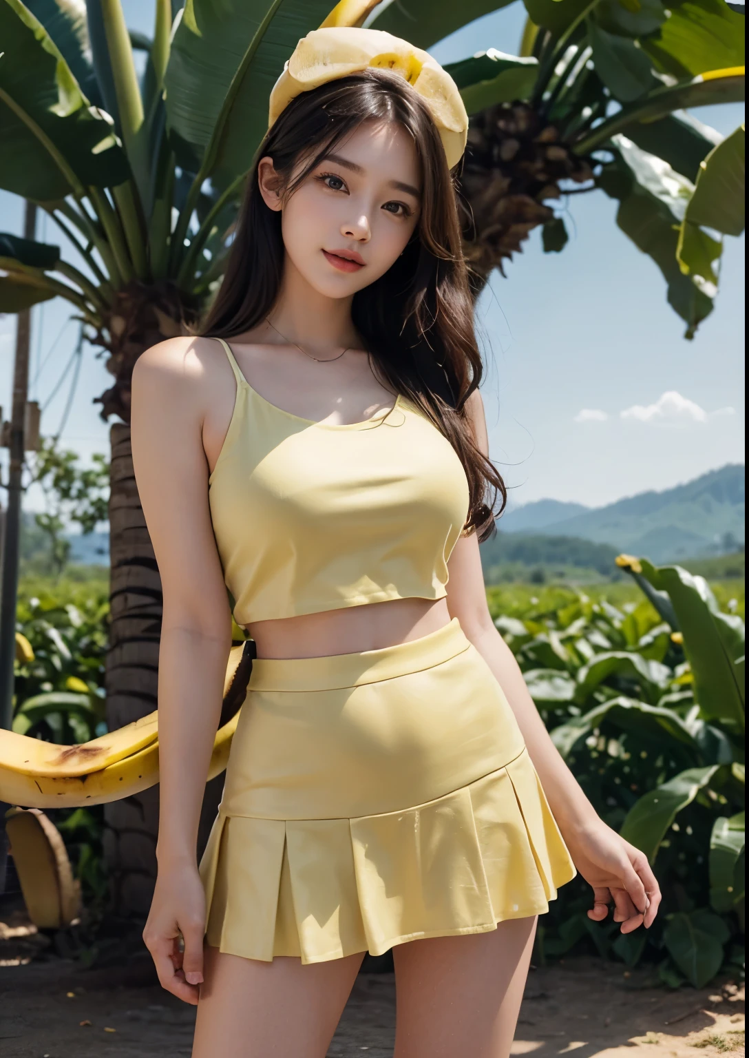 a beautiful Korean young girl, (((22 years young girl))), detailed face with beautiful eyes and lips, long black silky hair, stylish hair, hair pin, romantic Eyes, beautiful eyes, smiley face, very precious smile, happy face, glow face, perfect young round breasts, Bright and soft thighs, beautiful realistic knees, glow skin, bright skin, realistic skin, realistic smile, cutest smile, realistic body, Perfect Figure, realistic legs, realistic leg fingers, realistic arms, realistic hands, realistic hand fingers, (((Standing in beside banana tree orchard with banana bunch))), realistic banana orchard, realistic banana bunch, realistic banana, (detailed banana trees), (((detailed banana bunch))), ((many banana bunch in banana orchard)), (((yellow delicious bananas))), banana orchards in background, big orchards, clean orchard, ((girl hugs with banana bunch with both hands angle)) ((Pink Cap-Sleeve Round Neck Faux Pearl Crop Tank Top + Drawstring Waist Mini A-Line Skirt)), ((above knee length skirt)), ((detailed Buckled Zip-Up Plain Tube Top / Mini Skirt)), (((heart shape logo on dress))), standing, High resolution dress quality, stylish dress, detailed dress, ultra detailed dress, luxury dress, , stylish look, stylish angle, dynamic angle, dynamic pose, day light, photorealistic, realistic, masterpiece, ultra-detailed,8k, (best quality,8k,highres,masterpiece:1.2),ultra-detailed,(realistic,photorealistic,photo-realistic:1.37), highly detailed, cinematic lighting, vibrant colors, warm tones, masterpiece, highres, warm lighting, vibrant colors, soft focus, elegant, cinematic, highly detailed, professional digital art, UHD, Ultra HD, ultra realistic, hyper realistic, ultra sharp, vivid, realistic atmosphere, Beautiful rally atmosphere in background, beautiful background, detailed orchards background, hyper-detailed background, orchards, cinematic photography, award winning Photography, Very High Resolution picture quality, full-body shot, 