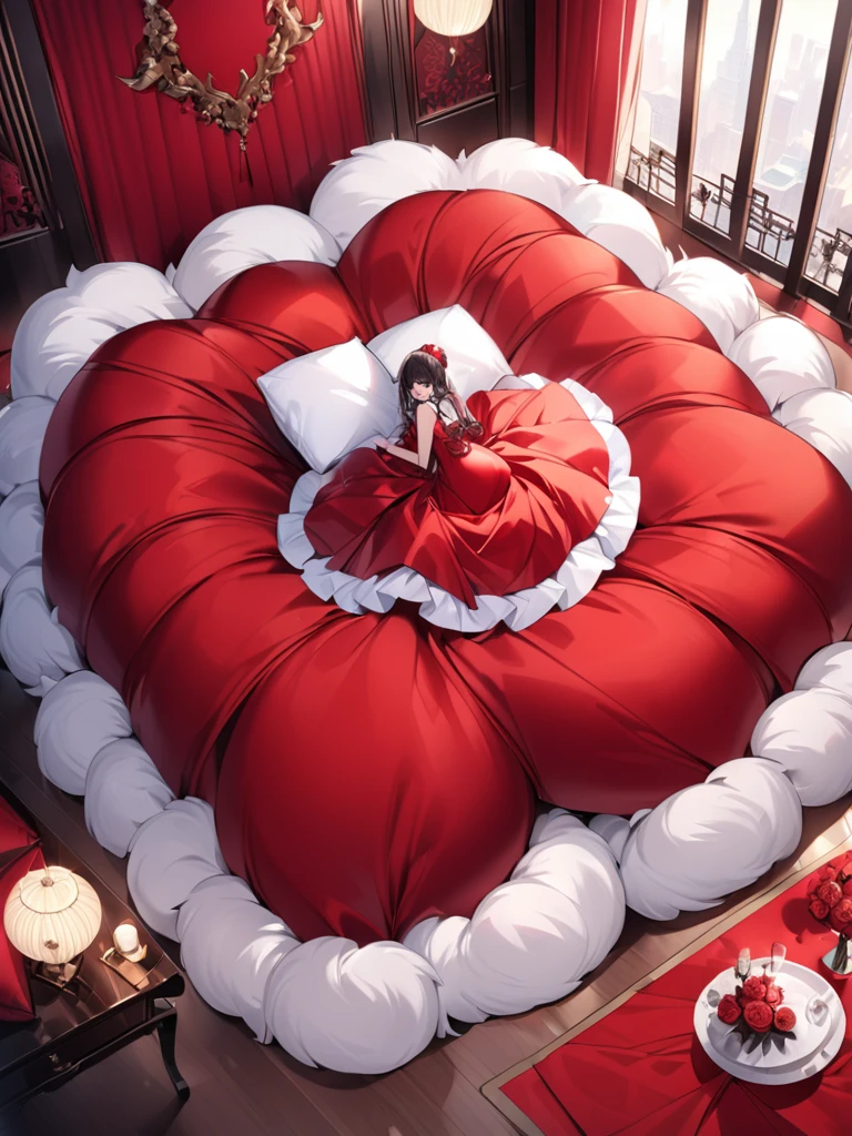 Fluffy red silk duvet、Lots of giant silk pillows、Luxurious fluffy red silk bed
