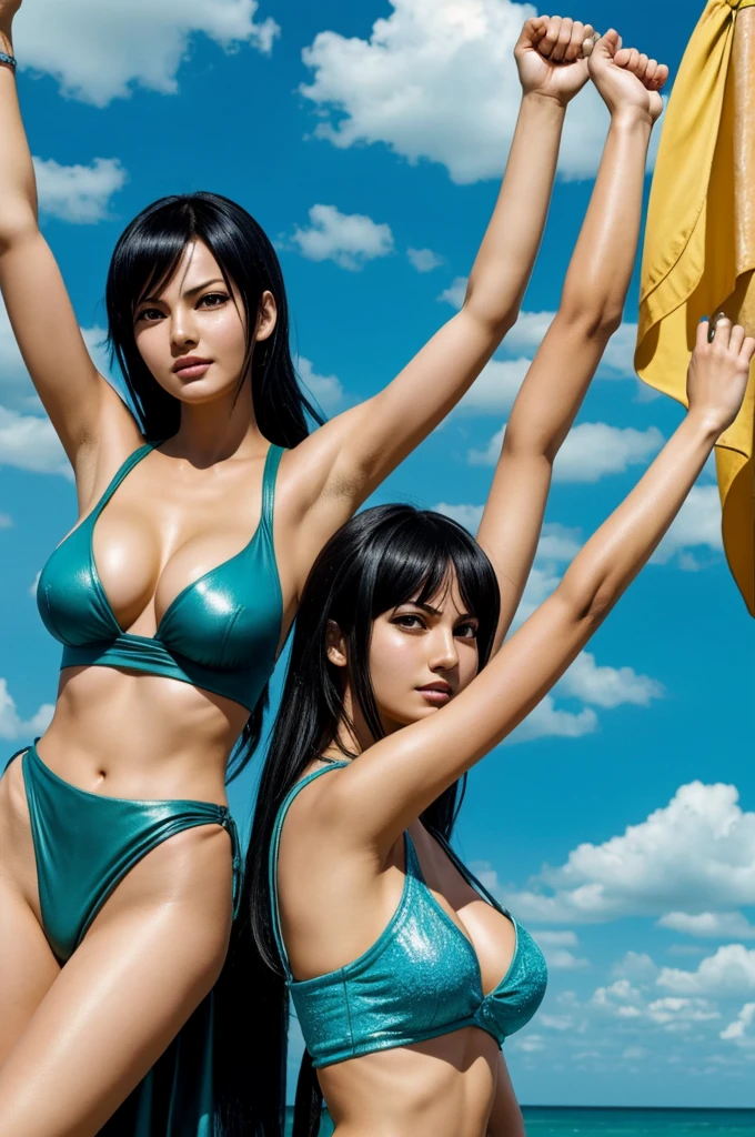 High quality image of Nami and Nico Robin raising their hands, The armpits of both have small stubbles of hair.