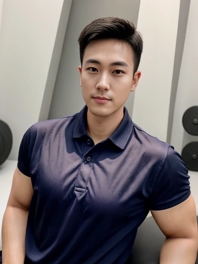 A male police officer in his 20s poses for a group photo., Wear a black polo shirt, high resolution, Masterpiece, best quality, head:1.3,, Smooth and fine skin, clear focus, (movie light), during the night, gentle light, Dynamic angle, (detailed face:1.2), (((exercise))), sport, His arm muscles were very big., hand in crotch, in his bedroom ,natural and delicate,