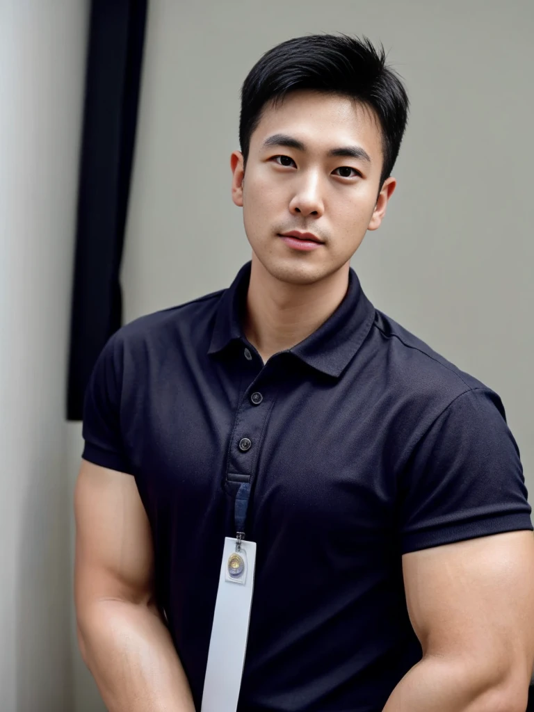A male police officer in his 20s poses for a group photo., Wear a black polo shirt, high resolution, Masterpiece, best quality, head:1.3,, Smooth and fine skin, clear focus, (movie light), during the night, gentle light, Dynamic angle, (detailed face:1.2), (((exercise))), sport, His arm muscles were very big., hand in crotch, in his bedroom ,natural and delicate,