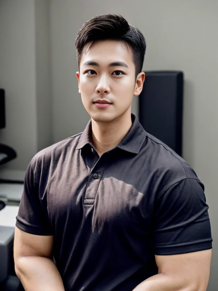 A male police officer in his 20s poses for a group photo., Wear a black polo shirt, high resolution, Masterpiece, best quality, head:1.3,, Smooth and fine skin, clear focus, (movie light), during the night, gentle light, Dynamic angle, (detailed face:1.2), (((exercise))), sport, His arm muscles were very big., hand in crotch, in his bedroom ,natural and delicate,
