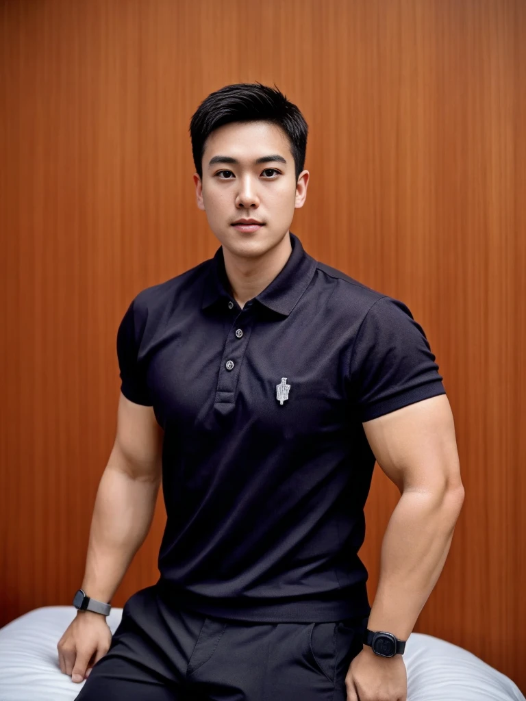 A male police officer in his 20s poses for a group photo., Wear a black polo shirt, high resolution, Masterpiece, best quality, head:1.3,, Smooth and fine skin, clear focus, (movie light), during the night, gentle light, Dynamic angle, (detailed face:1.2), (((exercise))), sport, His arm muscles were very big., hand in crotch, in his bedroom ,natural and delicate,
