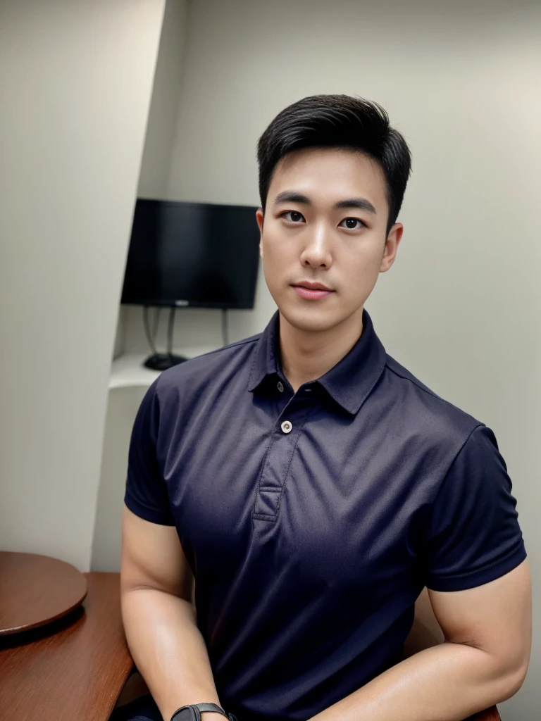 A male police officer in his 20s poses for a group photo., Wear a black polo shirt, high resolution, Masterpiece, best quality, head:1.3,, Smooth and fine skin, clear focus, (movie light), during the night, gentle light, Dynamic angle, (detailed face:1.2), (((exercise))), sport, His arm muscles were very big., hand in crotch, in his bedroom ,natural and delicate,