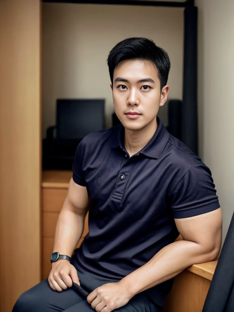 A male police officer in his 20s poses for a group photo., Wear a black polo shirt, high resolution, Masterpiece, best quality, head:1.3,, Smooth and fine skin, clear focus, (movie light), during the night, gentle light, Dynamic angle, (detailed face:1.2), (((exercise))), sport, His arm muscles were very big., hand in crotch, in his bedroom ,natural and delicate,