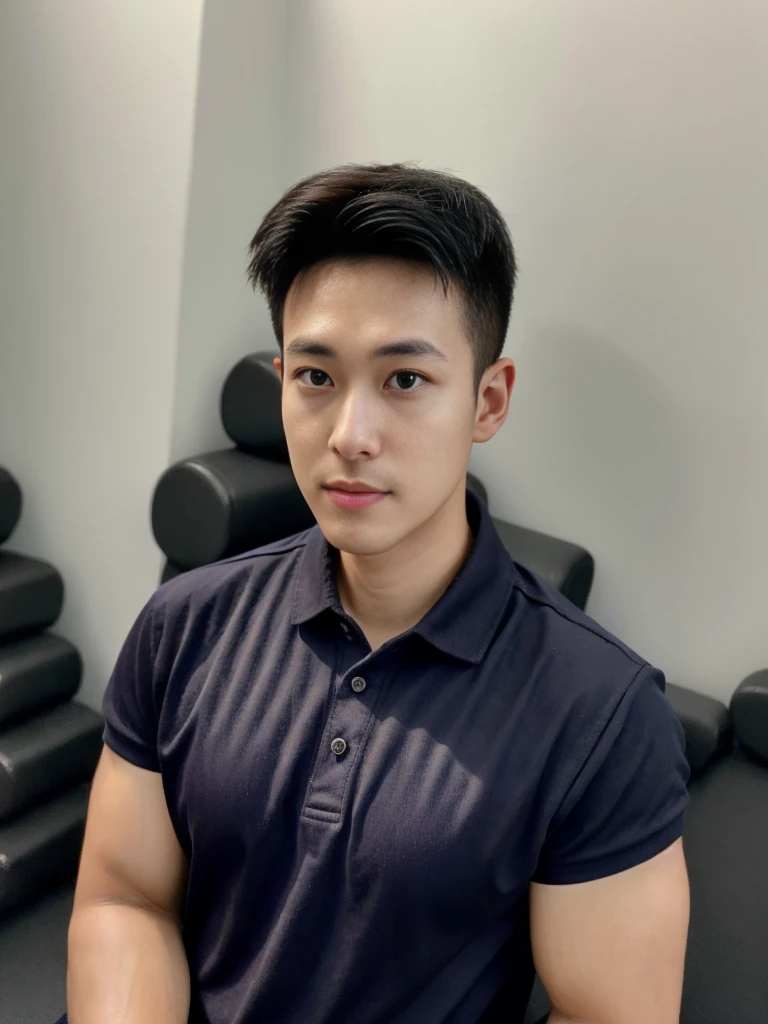 A male police officer in his 20s poses for a group photo., Wear a black polo shirt, high resolution, Masterpiece, best quality, head:1.3,, Smooth and fine skin, clear focus, (movie light), during the night, gentle light, Dynamic angle, (detailed face:1.2), (((exercise))), sport, His arm muscles were very big., hand in crotch, in his bedroom ,natural and delicate,