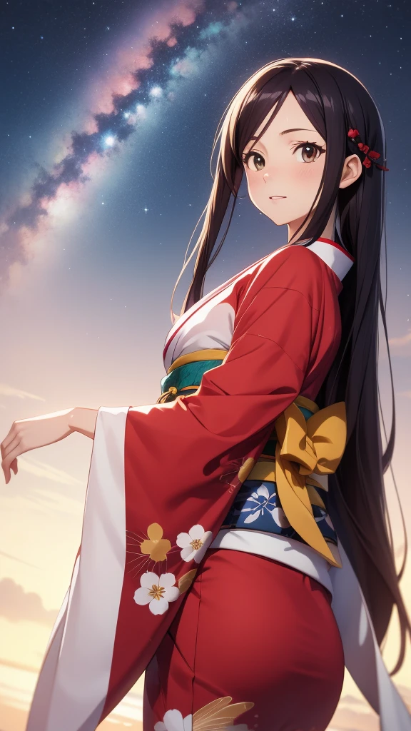 anime, 1 woman, 20 years old, Black Hair, Orihime,kimono,milky way,Starry Sky