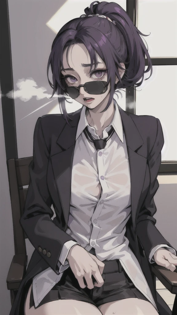 (masterpiece:1.5, best quality), (1lady, solo, upper body:1.2), black hair,purple dip-dye hair , forehead , purple eyes, Swallowtail butterfly head, Shinobu Kocho from “Demon Slayer”, black lab coat, a laboratory in the background, sit down on the chair, looking at the camera, white dress shirt, button-up shirt ,all buttons fastened, button on the neck fastened ,skinny body, short height,close cloth, ,nsfw,(ecstasy:1.3) ,(slut:1.2),(vulgarity:1.3),(fucked silly:1.1),(steam:1.1),(wet:0.8),(trembling:0.8),(tears:0.7) ,(drooling:0.6),(sweat:0.8), open mouth.