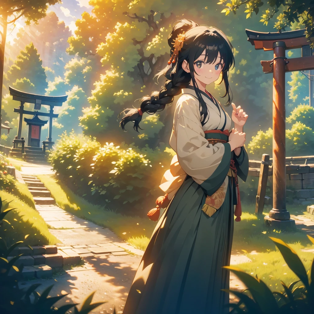 (masterpiece), (high resolution 8K), professional illustration,(1 girl), late age, standing, thigh focus, dutch angle, japanese clothes, kimono, hair ornament, long hair, smile, looking up, shrine, temple, torii, beautiful starry sky, natural lighting, high contrast, stunning face, symmetrical clear eyes, detailed eyes and face, detailed skin