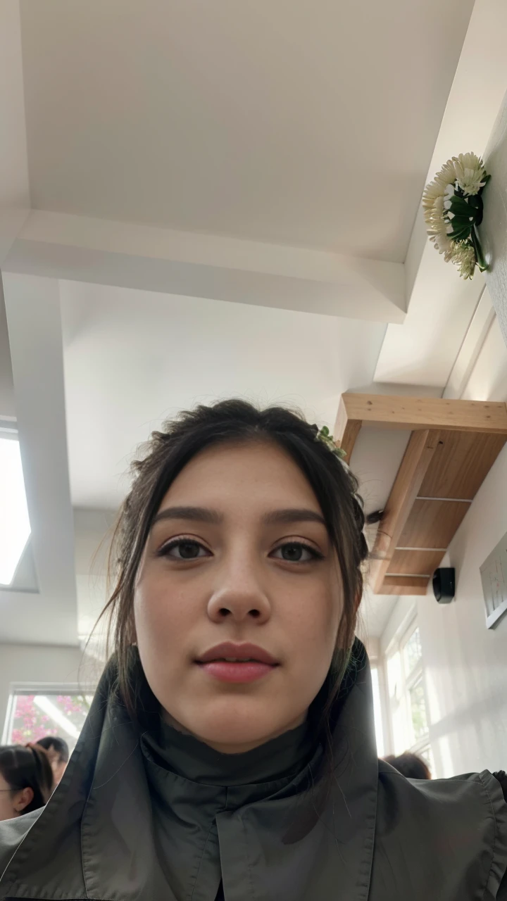 RAW, Raw photo, ((best quality)), ((masterpiece)), absurdres, film grain, extremely detailed, amazing, (fine detail:1.2), unbelievable intricate details, (intricate detailed eyes:1.2), (intricate detailed:1), (intricate details face:1.2), detailed facial features, (ultra skin texture) realistic, (high quality:1.2), sharp focus, smooth, aesthetic, extremely detailed, photo_\(ultra\, professional, post-processing, max detail, roughness, real life, photo-realistic 8k, photorealism, (4k ultra highres:1.2), 4K wallpaper, highres, nikon d850 film stock photograph 4 kodak portra 400 camera f1.6 lens rich colors hyper realistic lifelike texture, unrealengine, trending on artstation cinestill 800 tungsten, soft lighting, octane, professional colorgraded, DSLR BREAK. Photo of a beautiful young 23yo woman, perfect body proportions, medium breasts, parted lips, close mouth, smile, perfect face, white skin, (black bun hair with 1flower:1.2) head on flower, rose, nice hands, perfect hands. 1girl, solo, 1character, (standing), (front view:1.27), (from below), (full body:1.27), looking at the viewer. (Wearing acmmsayarma outfit, acmmsayarma white top with buttons, long sleeves BREAK ((acmmsayarma green long skirt))) BREAK ((classroom, teaching and writing on the white board, tables, indoors, daytime)), (sunlight spilling on her outfit).