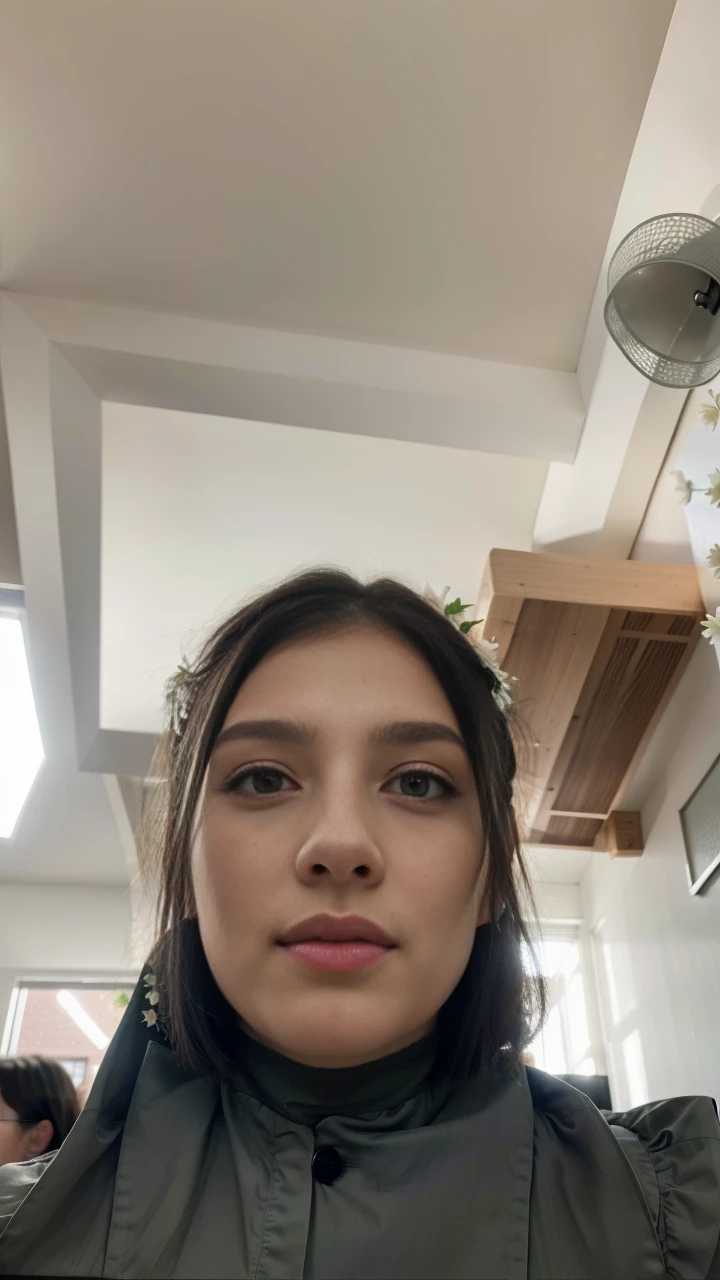 RAW, Raw photo, ((best quality)), ((masterpiece)), absurdres, film grain, extremely detailed, amazing, (fine detail:1.2), unbelievable intricate details, (intricate detailed eyes:1.2), (intricate detailed:1), (intricate details face:1.2), detailed facial features, (ultra skin texture) realistic, (high quality:1.2), sharp focus, smooth, aesthetic, extremely detailed, photo_\(ultra\, professional, post-processing, max detail, roughness, real life, photo-realistic 8k, photorealism, (4k ultra highres:1.2), 4K wallpaper, highres, nikon d850 film stock photograph 4 kodak portra 400 camera f1.6 lens rich colors hyper realistic lifelike texture, unrealengine, trending on artstation cinestill 800 tungsten, soft lighting, octane, professional colorgraded, DSLR BREAK. Photo of a beautiful young 23yo woman, perfect body proportions, medium breasts, parted lips, close mouth, smile, perfect face, white skin, (black bun hair with 1flower:1.2) head on flower, rose, nice hands, perfect hands. 1girl, solo, 1character, (standing), (front view:1.27), (from below), (full body:1.27), looking at the viewer. (Wearing acmmsayarma outfit, acmmsayarma white top with buttons, long sleeves BREAK ((acmmsayarma green long skirt))) BREAK ((classroom, teaching and writing on the white board, tables, indoors, daytime)), (sunlight spilling on her outfit).