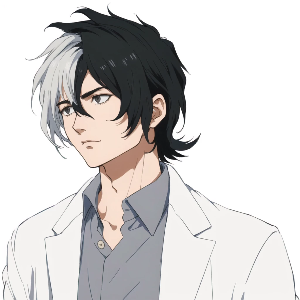 A painting of a man with black hair wearing a white jacket, inspired by Okumura Togyu, Gray hair black hair, He has dark grey hair, Kentaro Miura art style, Kentaro Miura Manga Style, Kentaro Miura's Manga Art Style, Male Anime Characters, Anime Handsome Man, Young Anime Guy