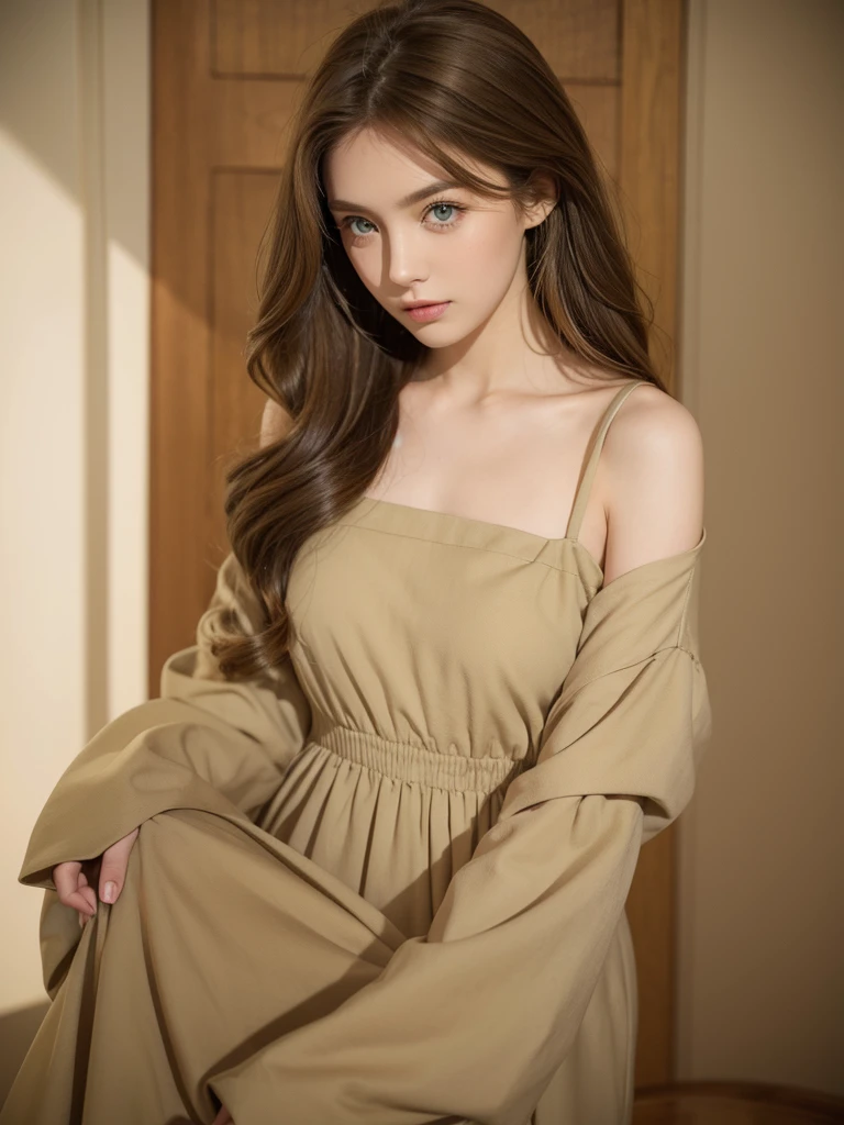 Light brown hair, green eyes, beige dress, open hair, girl