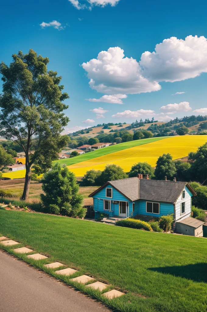 Comic book illustration style, hills, house, clouds, colorful, tree.
