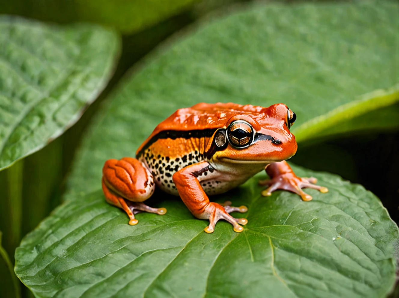 Dyscophus antongilii frog on a leaf, tomato frog ,outdoors, realistic scenery. very wide shot, landscape, film, professional