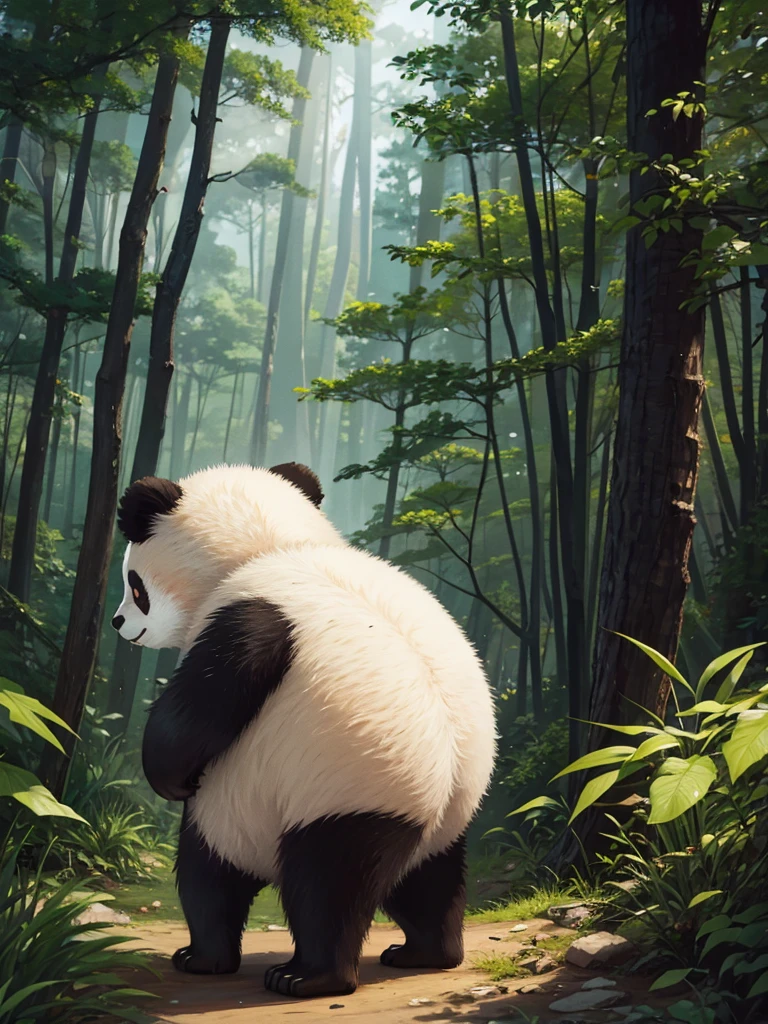 A panda walks through the forest
