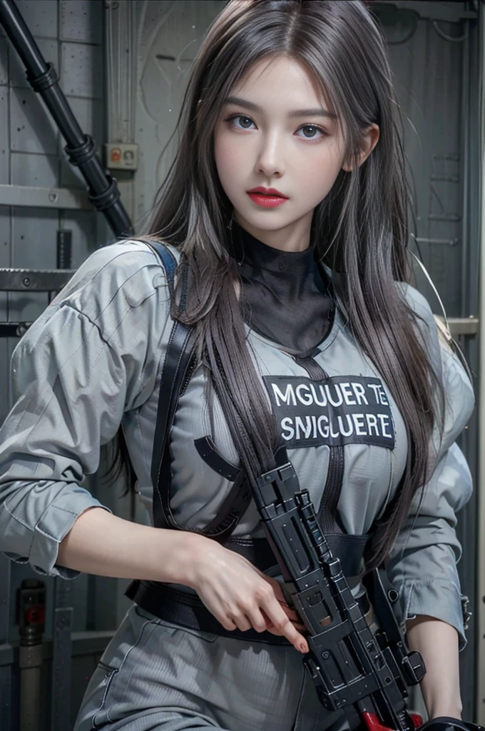 (RAW quality:1.4), Realistic, High resolution, 1 female, 16 years old, alone, sexy, Hip Up, Beautiful Blue Eyes, (Detailed face), Tight light grey military bodysuit, Assault rifle, jewelry, Portraiture,