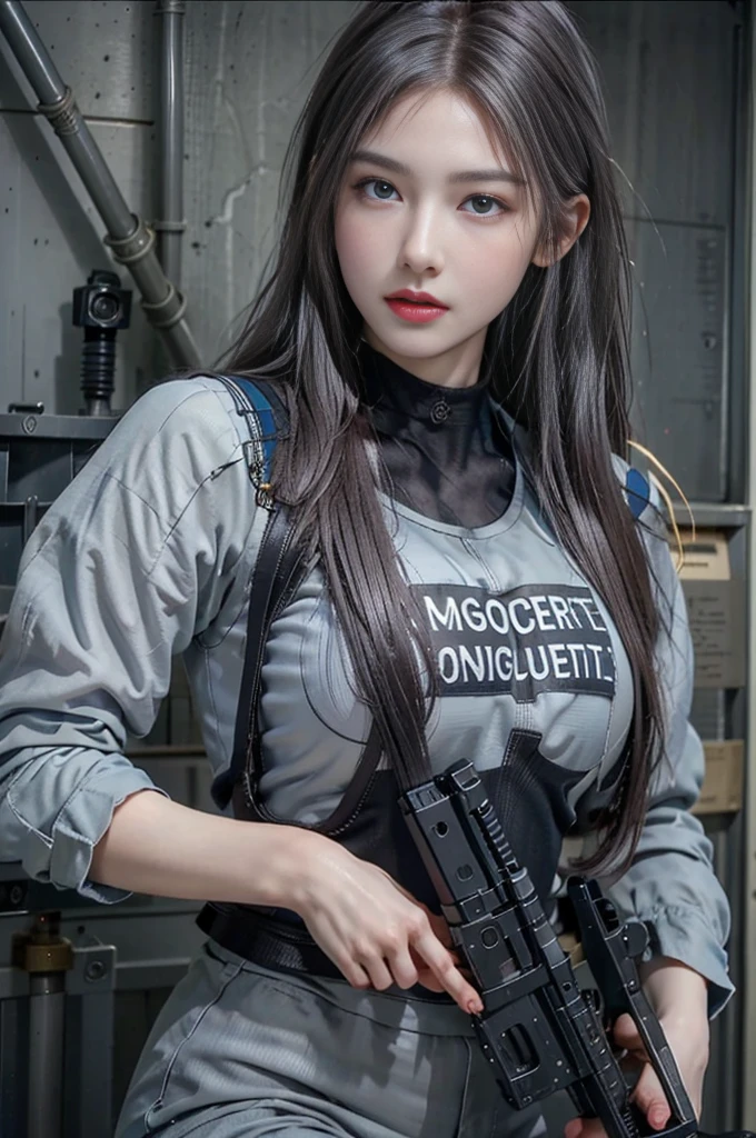 (RAW quality:1.4), Realistic, High resolution, 1 female, , alone, sexy, Hip Upeautiful Blue Eyes, (Detailed face), Tight light grey military bodysuit, Assault rifle, elry, Portraiture,
