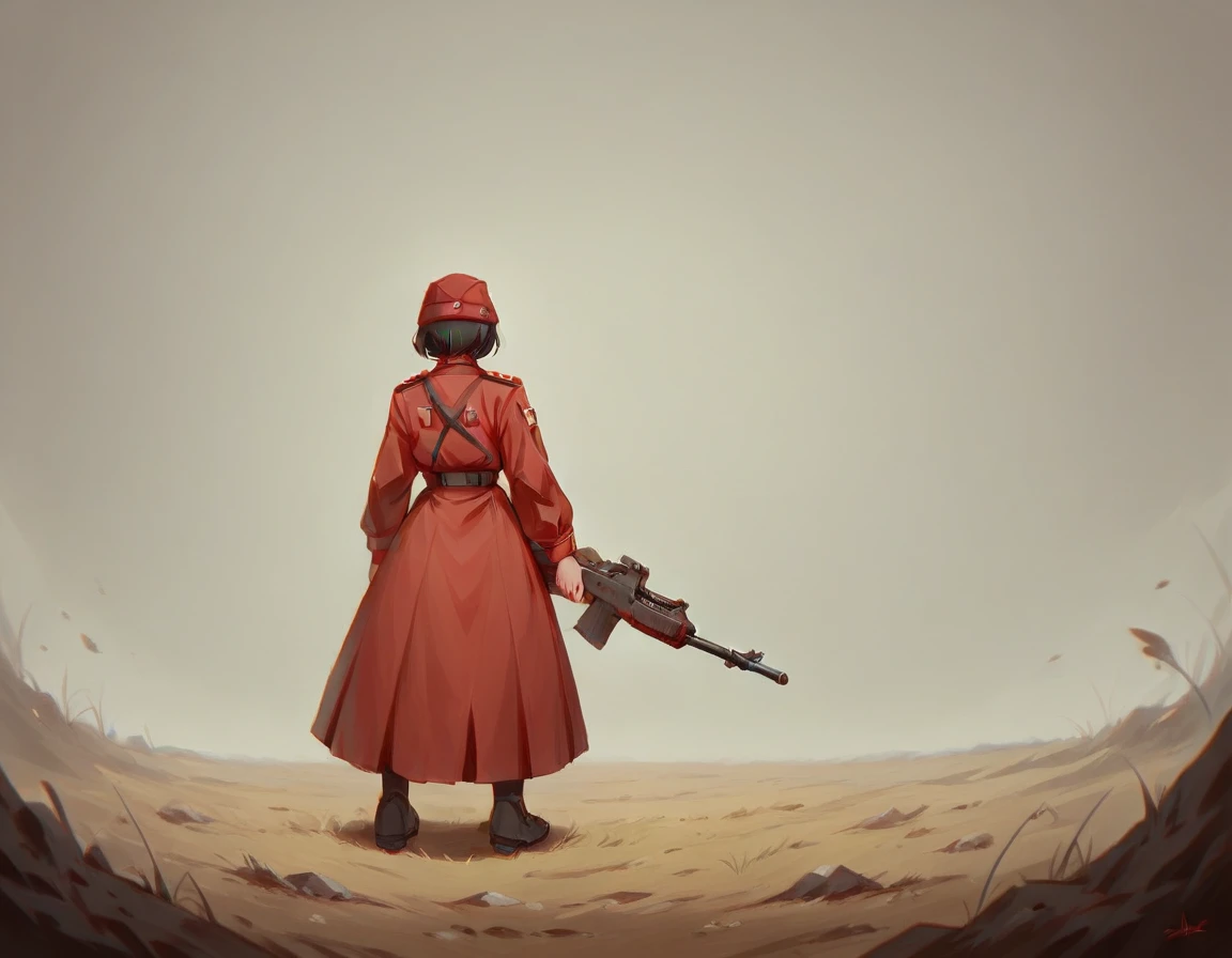 A platoon of girls wearing bright red military uniforms and long red skirts、A pair of girl platoon leaders and girl soldiers wearing red military uniforms and red long skirts and equipped with assault rifles