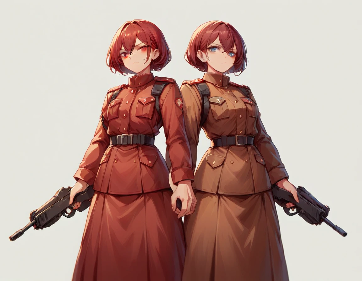 A platoon of girls wearing bright red military uniforms and long red skirts、A pair of girl platoon leaders and girl soldiers wearing red military uniforms and red long skirts and equipped with assault rifles