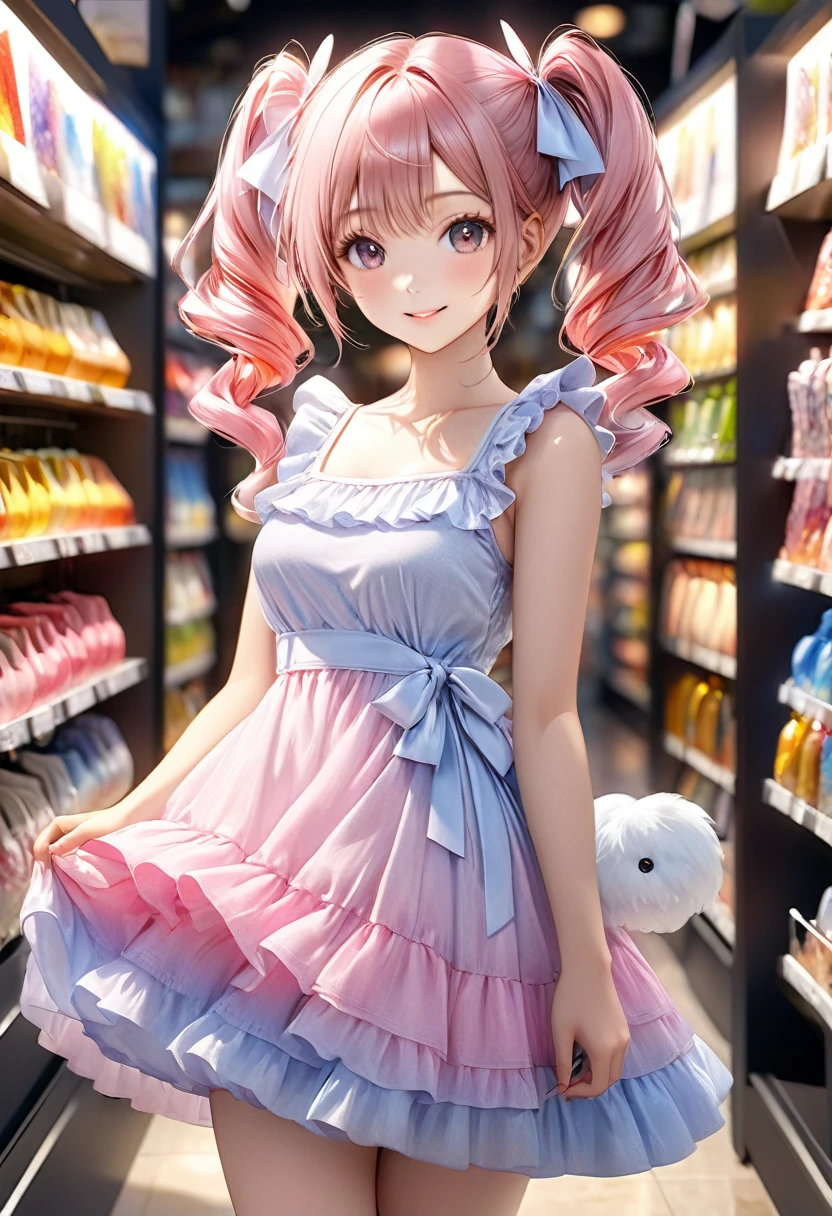 a cute angelic girl, [soft fluffy braided hair], ribbons, (((twin tails))), summer-like, [bright colored tiered dress], [subtle skin exposure], shopping, light smile, (best quality,4k,8k,highres,masterpiece:1.2),ultra-detailed,(realistic,photorealistic,photo-realistic:1.37),HDR,UHD,studio lighting,ultra-fine painting,sharp focus,physically-based rendering,extreme detail description,professional,vivid colors,bokeh,portraits,