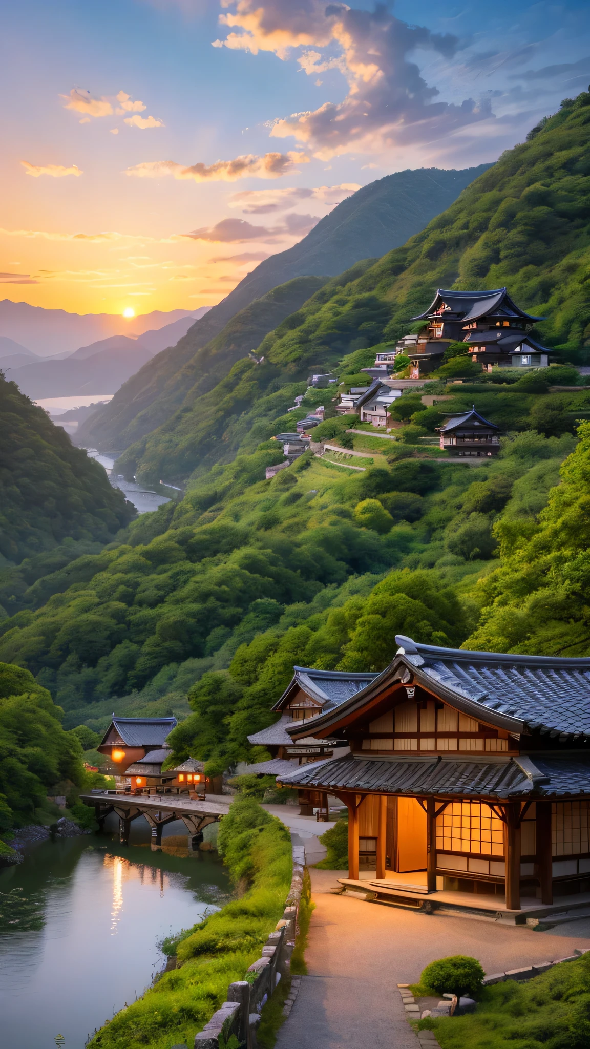 Landscape painting、Japanese village scenery、Photo Style、evening、evening、sunset、
