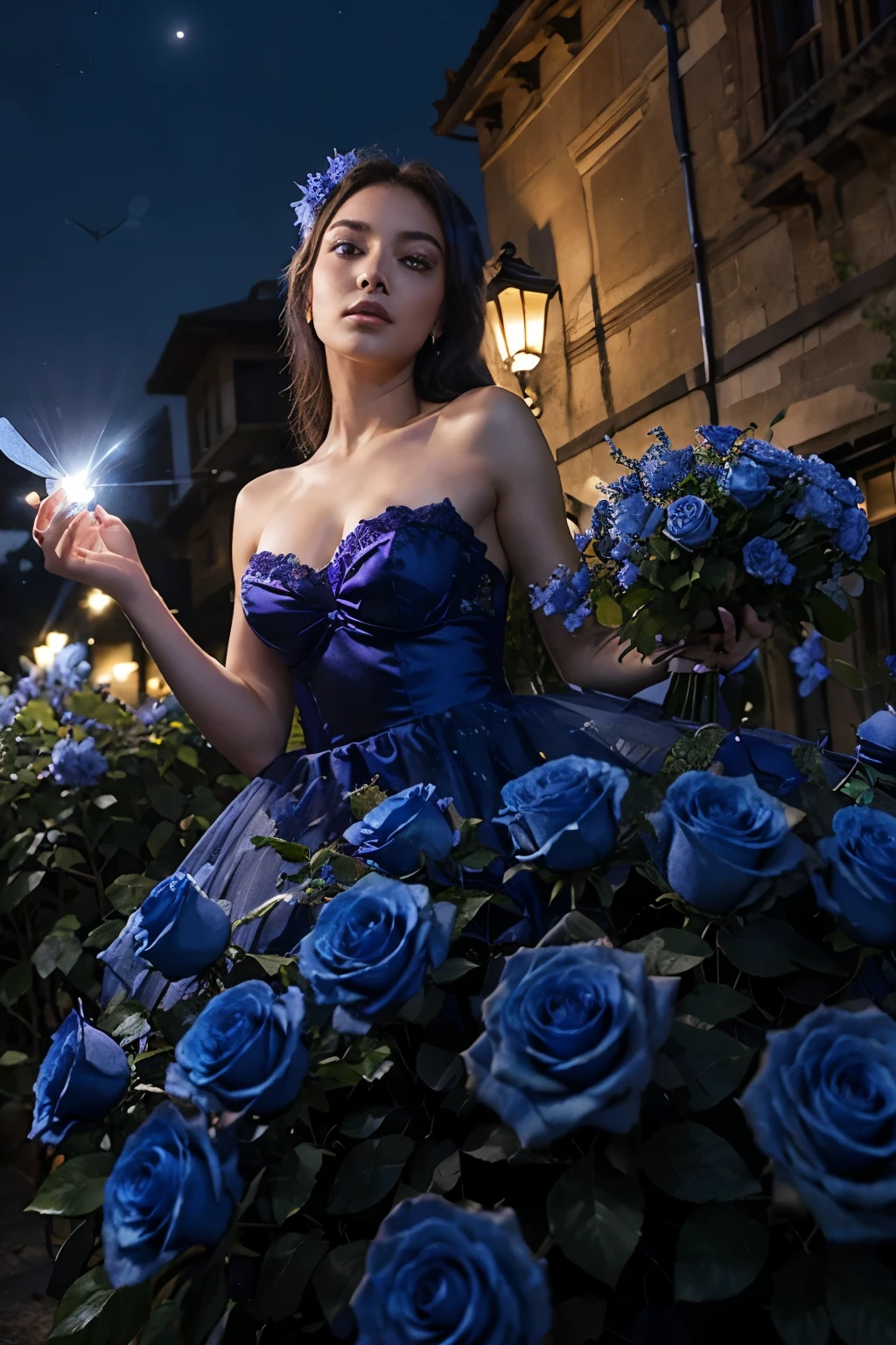 Shining blue roses in the moonlight surrounded by glittering purple butterflies 