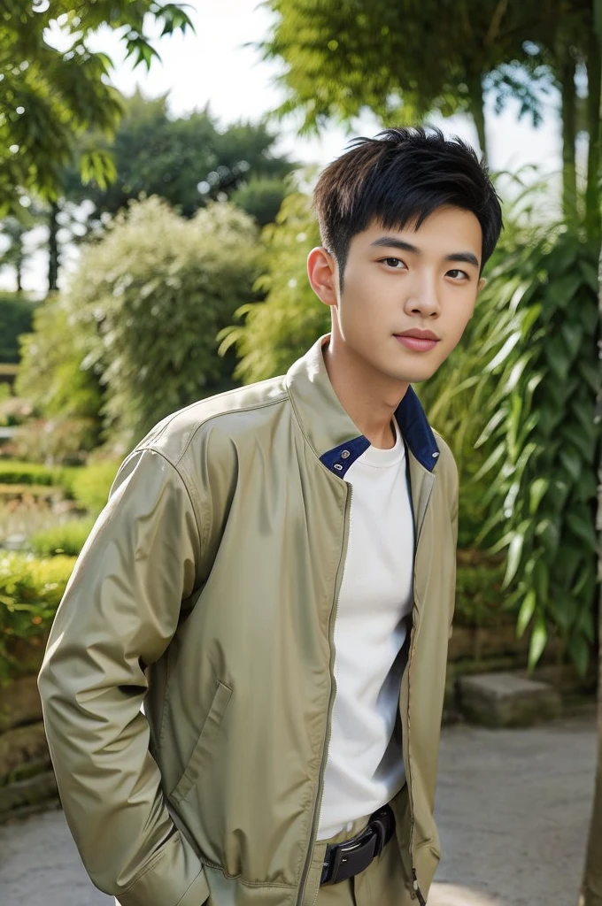 
Masterpiece, best quality best, 1 young man, Asian man, East Asian people, one person, The muscles are in good proportion., Posing obscenely, short hair details， white teeth, jacket set, road background, Realistic style，photography，Can be seen from the front, see viewers ,in the garden trees bamboo