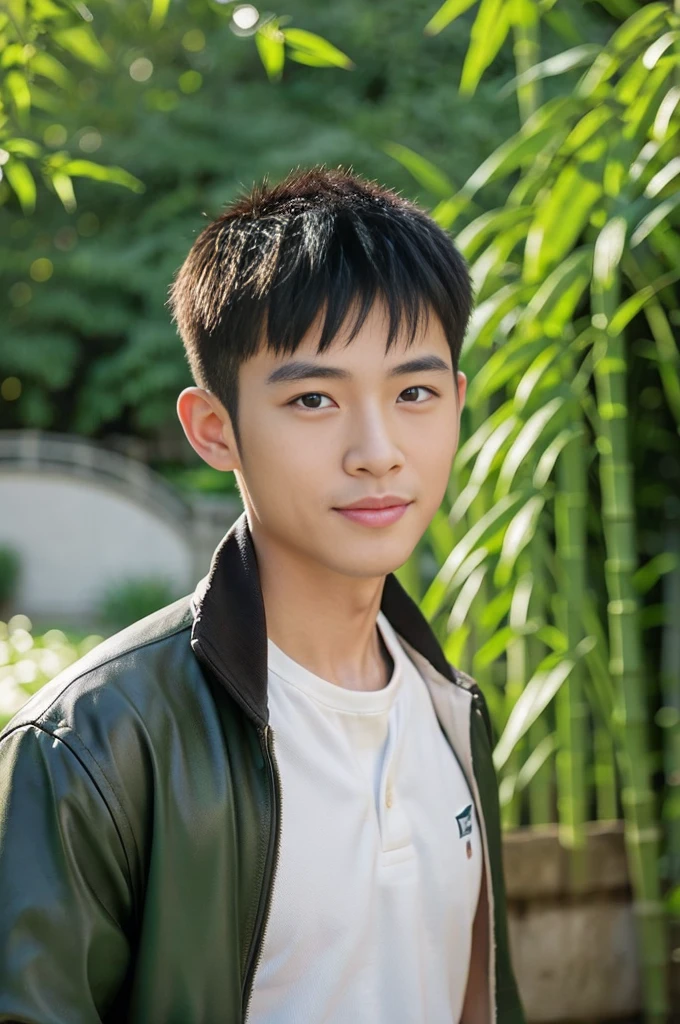 
Masterpiece, best quality best, ung man, Asian man, East Asian people, one person, The muscles are in good proportion., Posing obscenely, short hair details， white teeth, jacket set, road background, Realistic style，photography，Can be seen from the front, see viewers ,in the garden trees bamboo