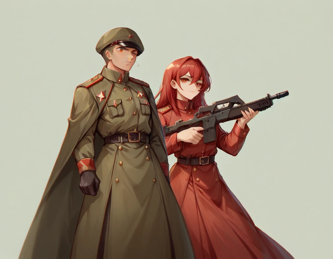 A platoon of girls wearing bright red military uniforms and long red skirts、A pair of girl platoon leaders and girl soldiers wearing red military uniforms and red long skirts and equipped with assault rifles