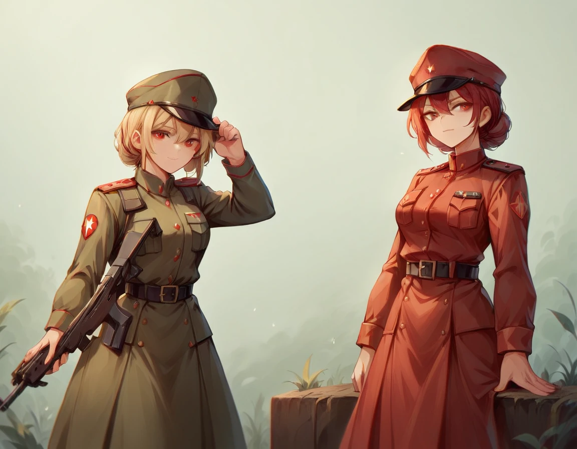 A platoon of girls wearing bright red military uniforms and long red skirts、A pair of girl platoon leaders and girl soldiers wearing red military uniforms and red long skirts and equipped with assault rifles