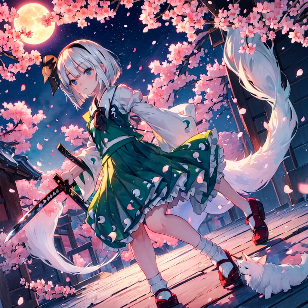 (((Konpaku Youmu)))　((Cherry Blossom　White fox fire　Japanese sword))　(night　star　full moon)　Shining Edge　Shining Background