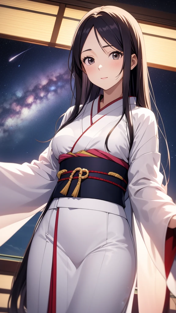 anime, 1 woman, 20 years old, Black Hair, Orihime,kimono,milky way,Starry Sky