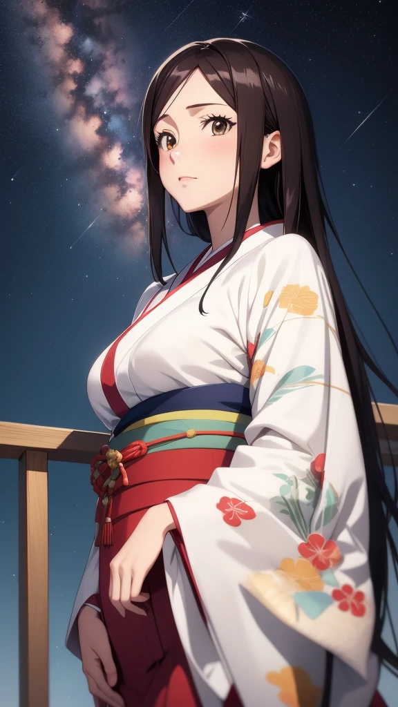 anime, 1 woman, 20 years old, Black Hair, Orihime,kimono,milky way,Starry Sky