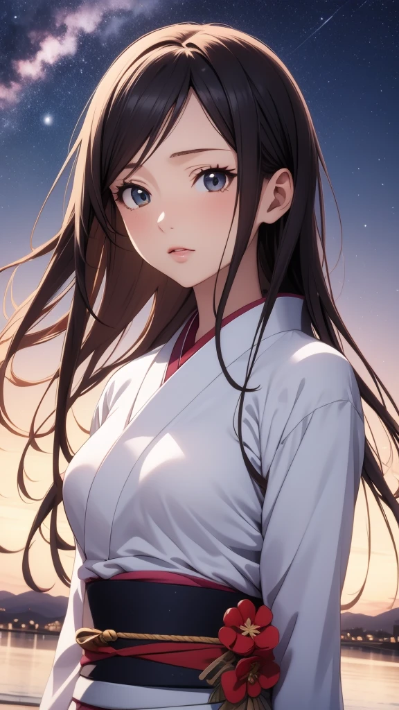 anime, 1 woman, 20 years old, Black Hair, Orihime,kimono,milky way,Starry Sky