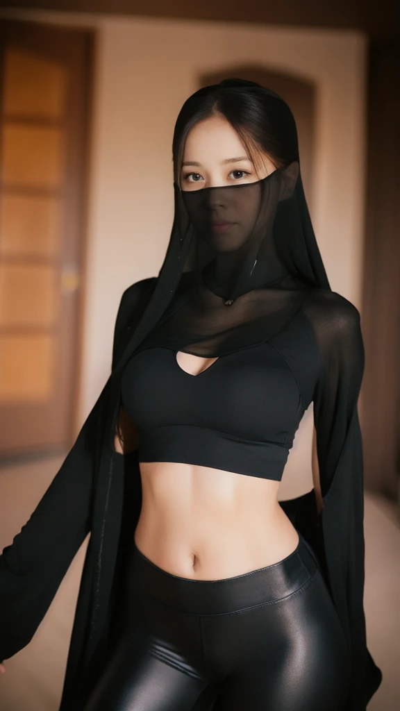 （lifelike， high - resolution：1.3），full body , 1 girl with a perfect body， Super fine face and eyes，slong hair， midriff of black colors：1.2， black shiny leggings，face veil,   big boob，Expose cleavage, ninja pose.