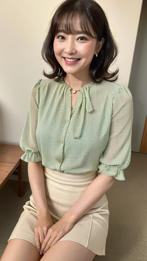((Highest quality)), ((8K)), ((masterpiece: 1.3)), (Perfect appearance), (Photorealism: 1.6), (AYN), (Upskirt: 1.2), (View from directly below: 1.2), (Panties), Japanese Mature, (58 years old), ((Realistic skin texture)), (Fine wrinkles appear all over the skin), (Dullness), (Unmoisturized skin) , (Facial wrinkles), (Wrinkles around the eyes), double eyelid, Lower eyelid tear trough, (Dimples), Short bangs, Long wavy hair, She is smiling gently with the corners of her mouth raised, She is wearing a blouse and a flared mini skirt., Mature woman's toned physique, Mature woman is taking a leisurely stroll through the bustling streets of Tokyo, Towering buildings overhead, Strong sunlight, bright, She is smiling gently with the corners of her mouth raised,