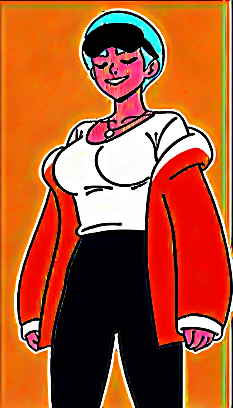 (masterpiece), (best quality), (Extremely detailed),(illustration), (1 Girl),Looking at the audience, (interview),Beautiful and delicate eyes, Delicate and beautiful face, floating,(High Saturation),(shining), Large Breasts, Freemadev, Gray hair, White shirt, Red Jacket, Fur trim, Open clothes, Off-shoulder, Black pants, The pants are torn, necklace, Sleeping Mask, Smile